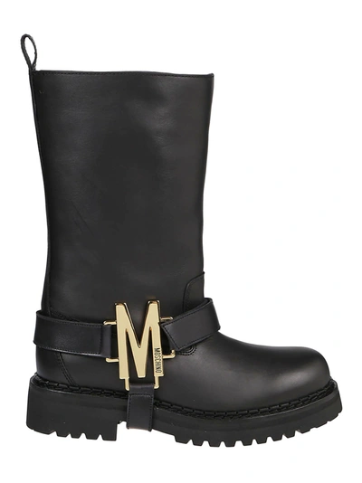 Shop Moschino M Plaque Boots In Black