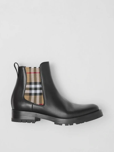 Shop Burberry Vintage Check Detail Leather Chelsea Boots In Black