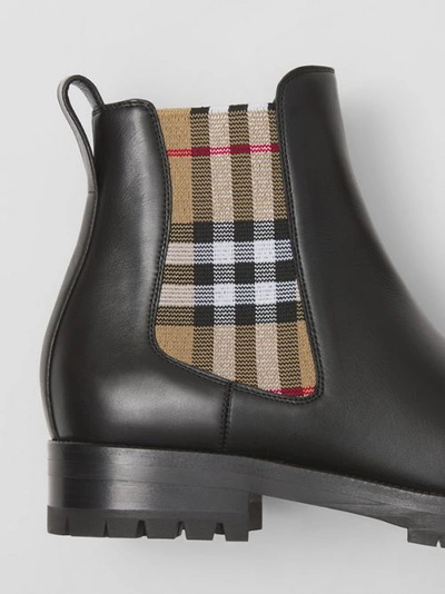 Shop Burberry Vintage Check Detail Leather Chelsea Boots In Black