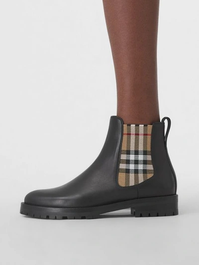 Shop Burberry Vintage Check Detail Leather Chelsea Boots In Black