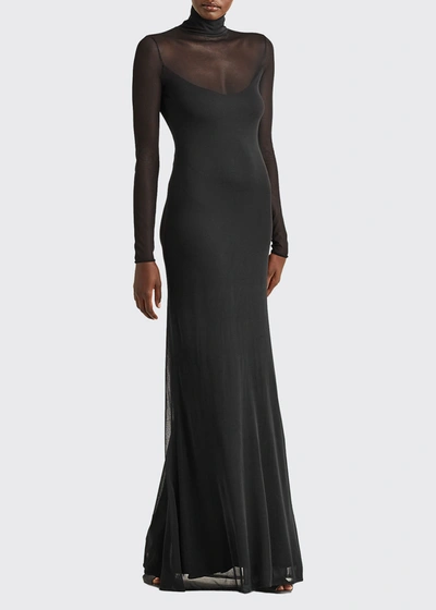 Ralph Lauren Long-sleeve Turtleneck Illusion Gown In Black | ModeSens