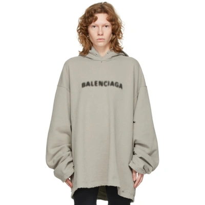 Balenciaga Logo Print Distressed-Finish Hoodie - Grey for Men