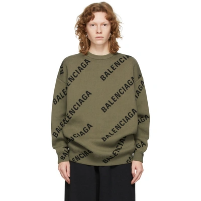 Shop Balenciaga Khaki Allover Logo Sweater In 2900 Brown/black