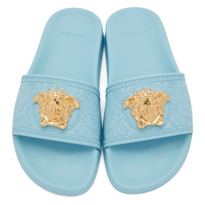 Shop Versace Blue Palazzo Pool Sandals In 1v19v Blue