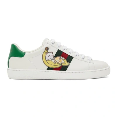 Shop Gucci White Bananya Ace Sneakers In 9112 White/vrv/new S