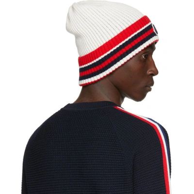 Moncler Logo Patch Stripe Detail Knit Beanie In White/red/navy | ModeSens