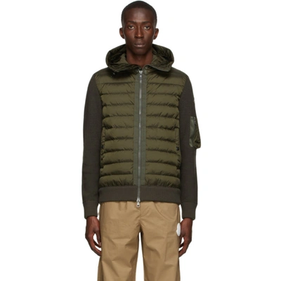 Moncler Green Down Hooded Cardigan In Khaki | ModeSens