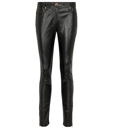 Shop Versace Medusa Leather And Jersey Skinny Pants In Black