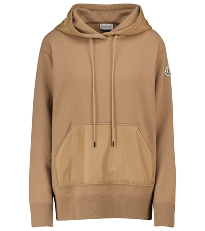 Moncler Logo-patch Panelled Wool-blend Hooded Sweater In Brown