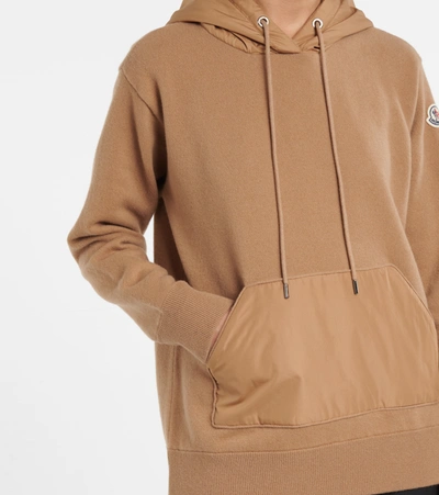 Moncler Logo-patch Panelled Wool-blend Hooded Sweater In Brown