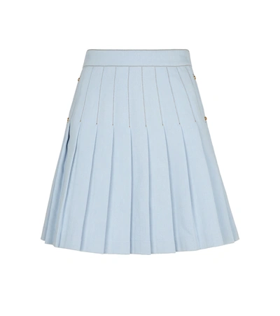 Shop Balmain Pleated Denim Miniskirt In Blue