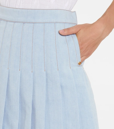 Shop Balmain Pleated Denim Miniskirt In Blue