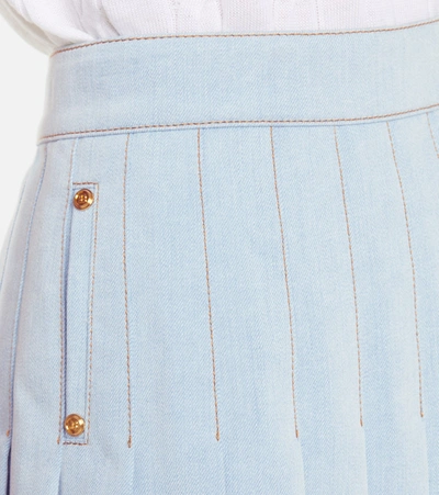 Shop Balmain Pleated Denim Miniskirt In Blue