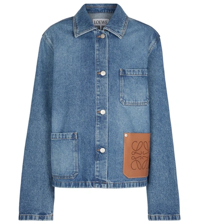 Shop Loewe Anagram Leather-trimmed Denim Jacket In Blue