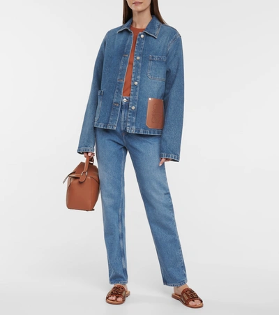 Shop Loewe Anagram Leather-trimmed Denim Jacket In Blue