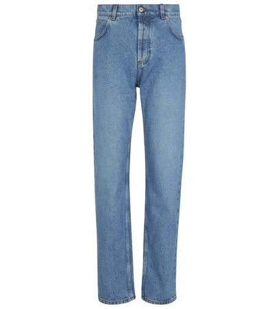 Shop Loewe Anagram Leather-trimmed Tapered Jeans In Blue