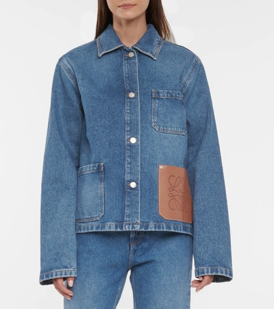 Shop Loewe Anagram Leather-trimmed Denim Jacket In Blue