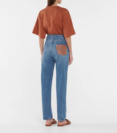 Shop Loewe Anagram Leather-trimmed Tapered Jeans In Blue