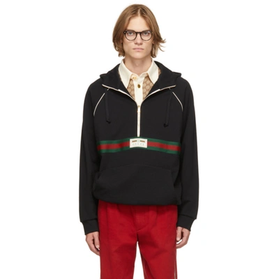 Shop Gucci Black French Terry Half-zip Hoodie In Black/green/red