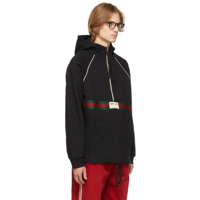 Shop Gucci Black French Terry Half-zip Hoodie In Black/green/red