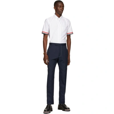 Shop Thom Browne Navy Typewriter Backstrap Trousers In 415 Navy