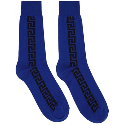 Shop Versace Blue & Black Jacquard Greca Socks In 2u340 Blue/black