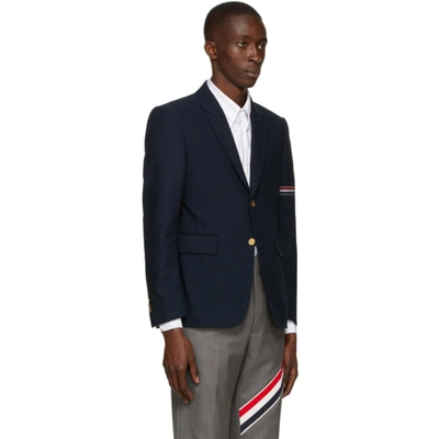 Shop Thom Browne Navy Bouclé Engineered Armband Blazer