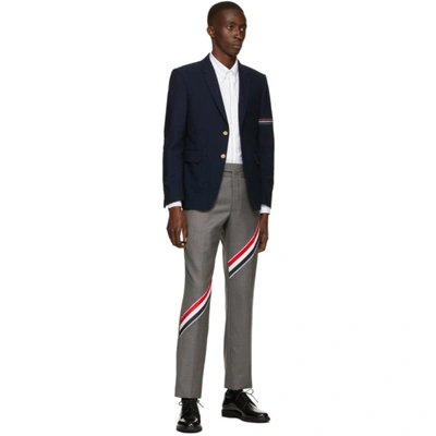 Shop Thom Browne Navy Bouclé Engineered Armband Blazer