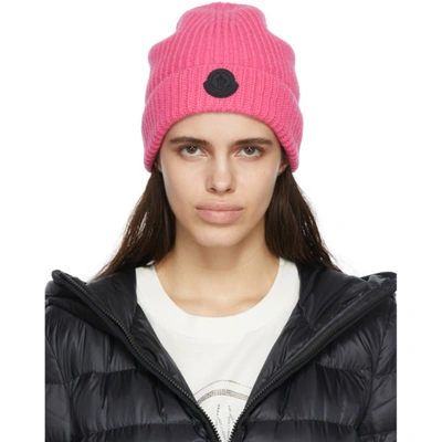 Moncler Logo Virgin Wool Cashmere Beanie In Pink Purple ModeSens