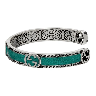 Shop Gucci Green Interlocking G Cuff Bracelet In Silver/turquoise
