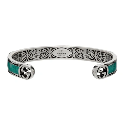 Shop Gucci Green Interlocking G Cuff Bracelet In Silver/turquoise