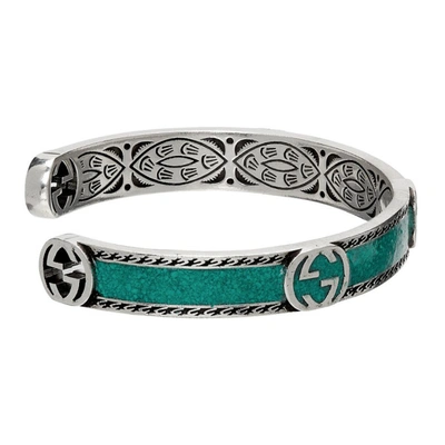 Shop Gucci Green Interlocking G Cuff Bracelet In Silver/turquoise