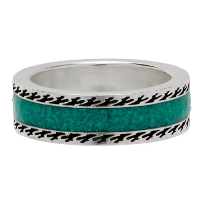 Shop Gucci Silver & Green Interlocking G Ring In Silver/turquoise