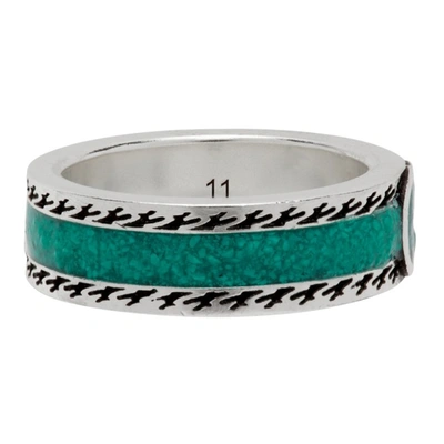 Shop Gucci Silver & Green Interlocking G Ring In Silver/turquoise