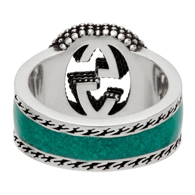 Shop Gucci Silver & Green Interlocking G Signet Ring In Silver/turquoise