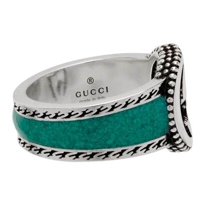 Shop Gucci Silver & Green Interlocking G Signet Ring In Silver/turquoise