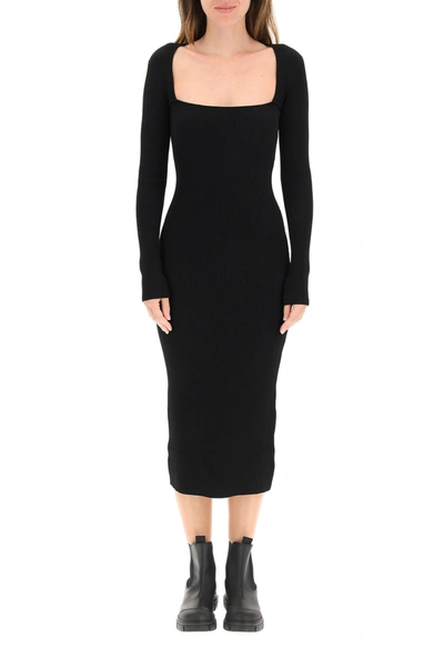 Shop Ganni Ribbed Midi Dress In Black (black)