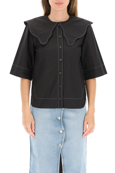 Shop Ganni Short-sleeved Shirt With Maxi Collar In Black (black)