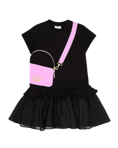 Shop Fendi Girl's Logo Dress W/ Trompe L'oeil Bag In F1063 Black