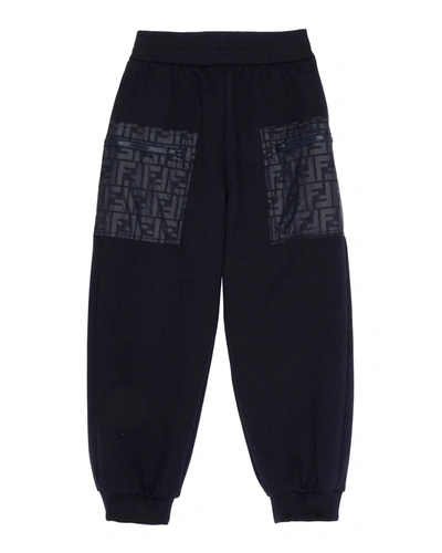 Shop Fendi Boy's Sweatpants W/ Logo Pockets In F0qb0 Navy