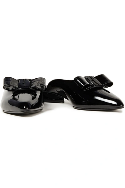 Shop Ferragamo Viva Bow-embellished Patent-leather Mules In Black