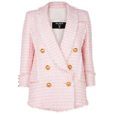 Shop Balmain Light Pink Double-breasted Tweed Blazer In Pink And White