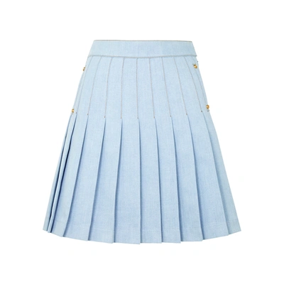 Shop Balmain Light Blue Pleated Denim Mini Skirt