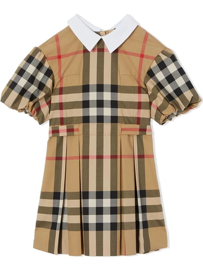 Shop Burberry Beige Stretch Cotton Dress In Check