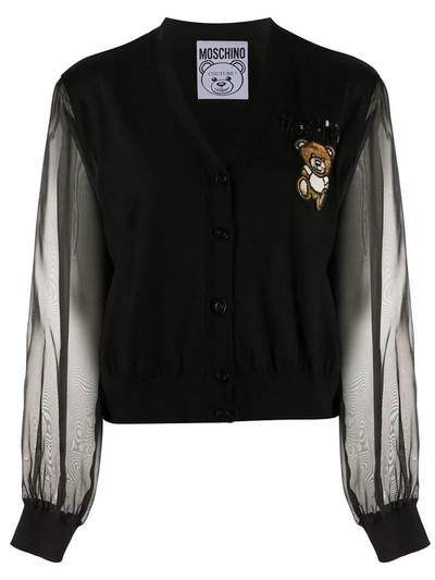 Moschino Sheer Sleeved Teddy Patch Cardigan In Schwarz