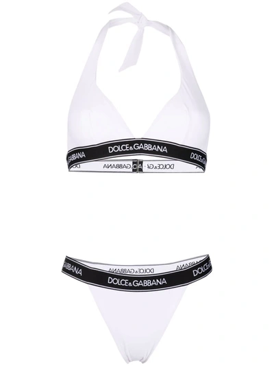 Shop Dolce & Gabbana Halterneck Logo Tape Bikini In Weiss