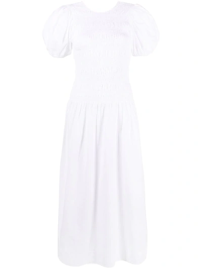 Ganni Smocked Organic Cotton-poplin Midi Dress In Bright White