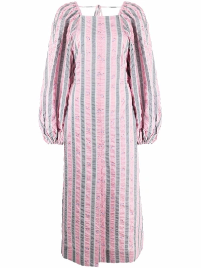 Ganni Stripe Long Sleeve Organic Cotton Seersucker Dress In Pink Nectar |  ModeSens