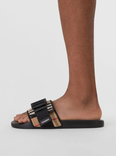 Burberry Buckled Strap Vintage Check Cotton Slides In Archive Beige |  ModeSens