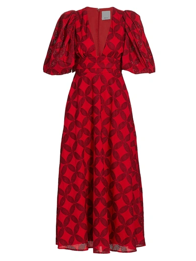 Shop Acler Hamilton Graphic Puff-sleeve Midi Dress In Red Mix
